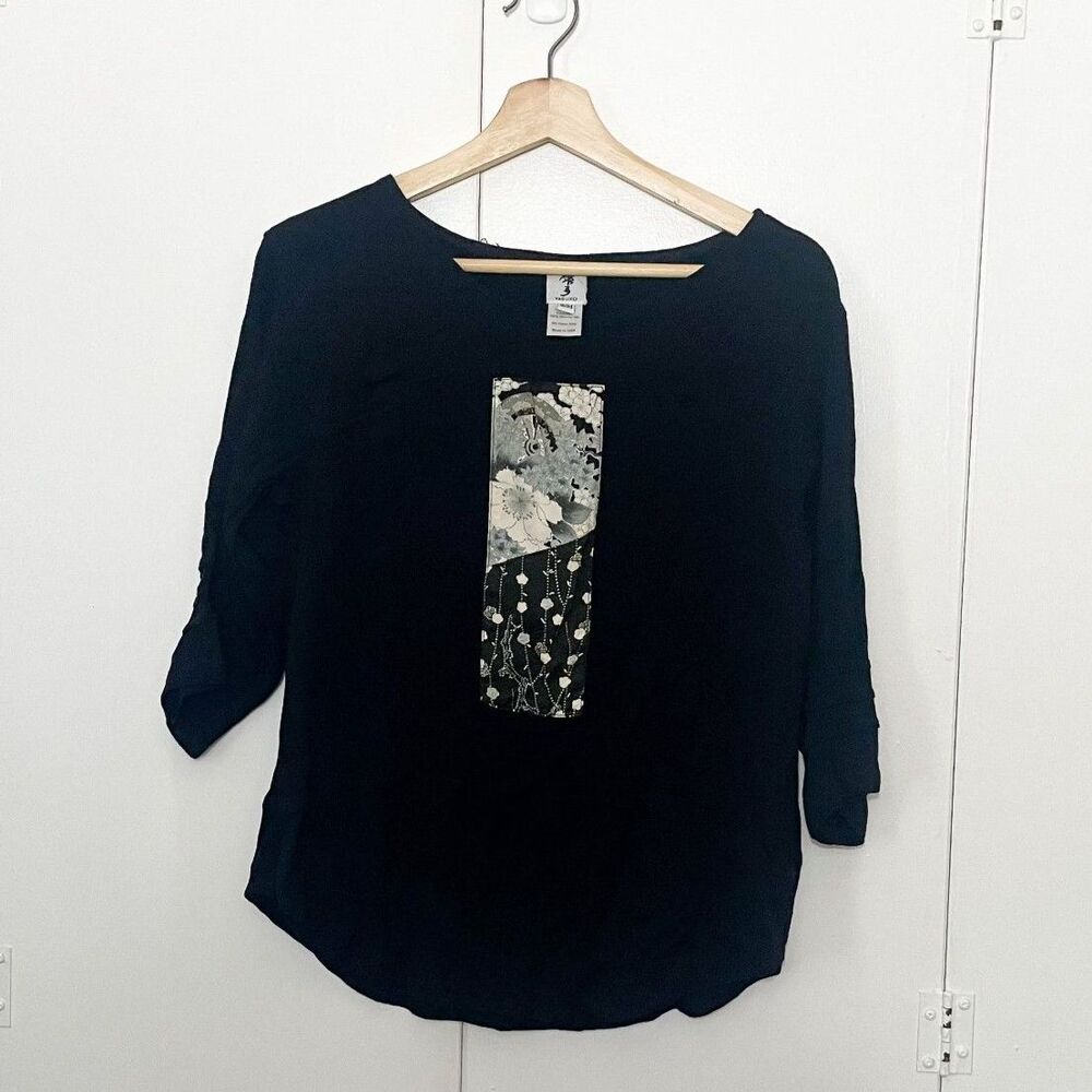 Yasuko Tunic Top Silk Abstract Print Boxy Black Art To Wear Lagenlook, Sz S/M